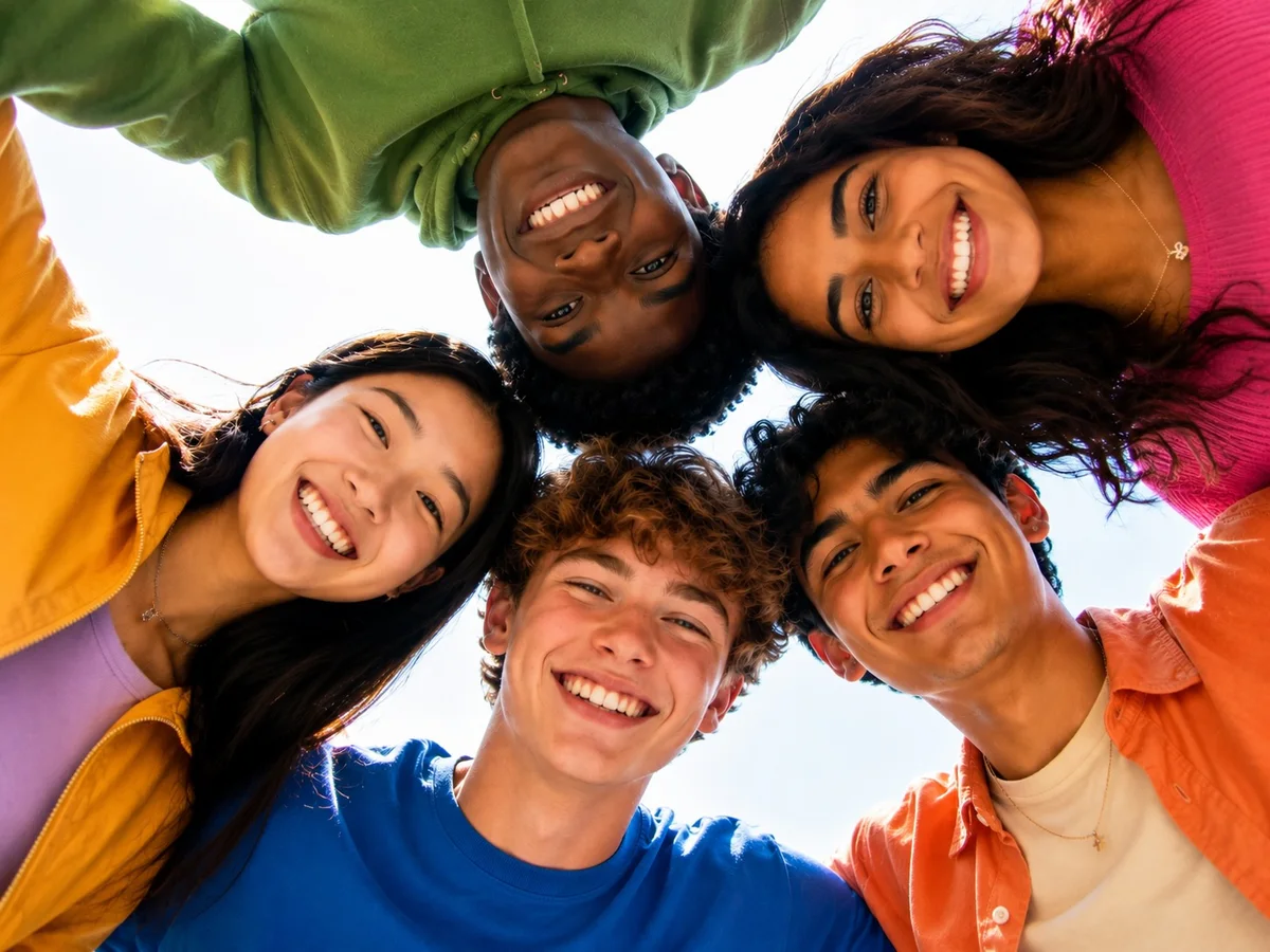 Five diverse teenagers gathered in a circle and smiling