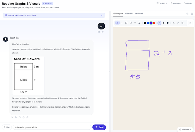 A StarCoach AI coaching session — scratchpad, problem, and live coach feedback